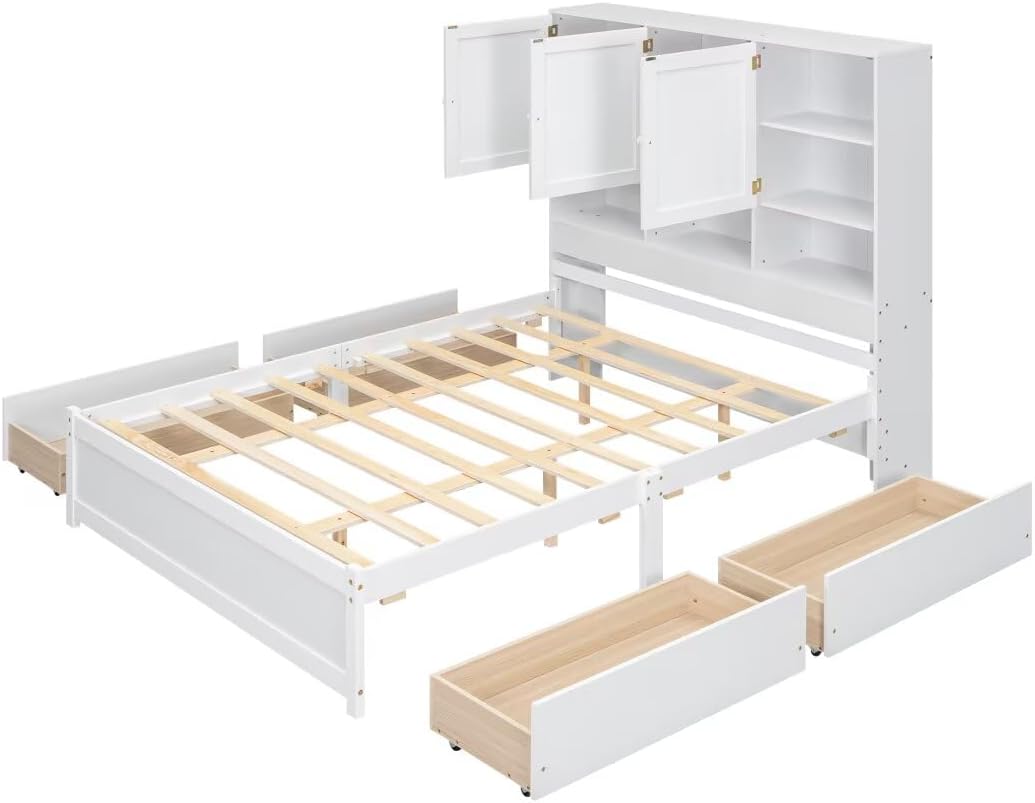 Queen Size Platform Bed with 4 Storage Drawers & Bookcase Headboard, White Q3501