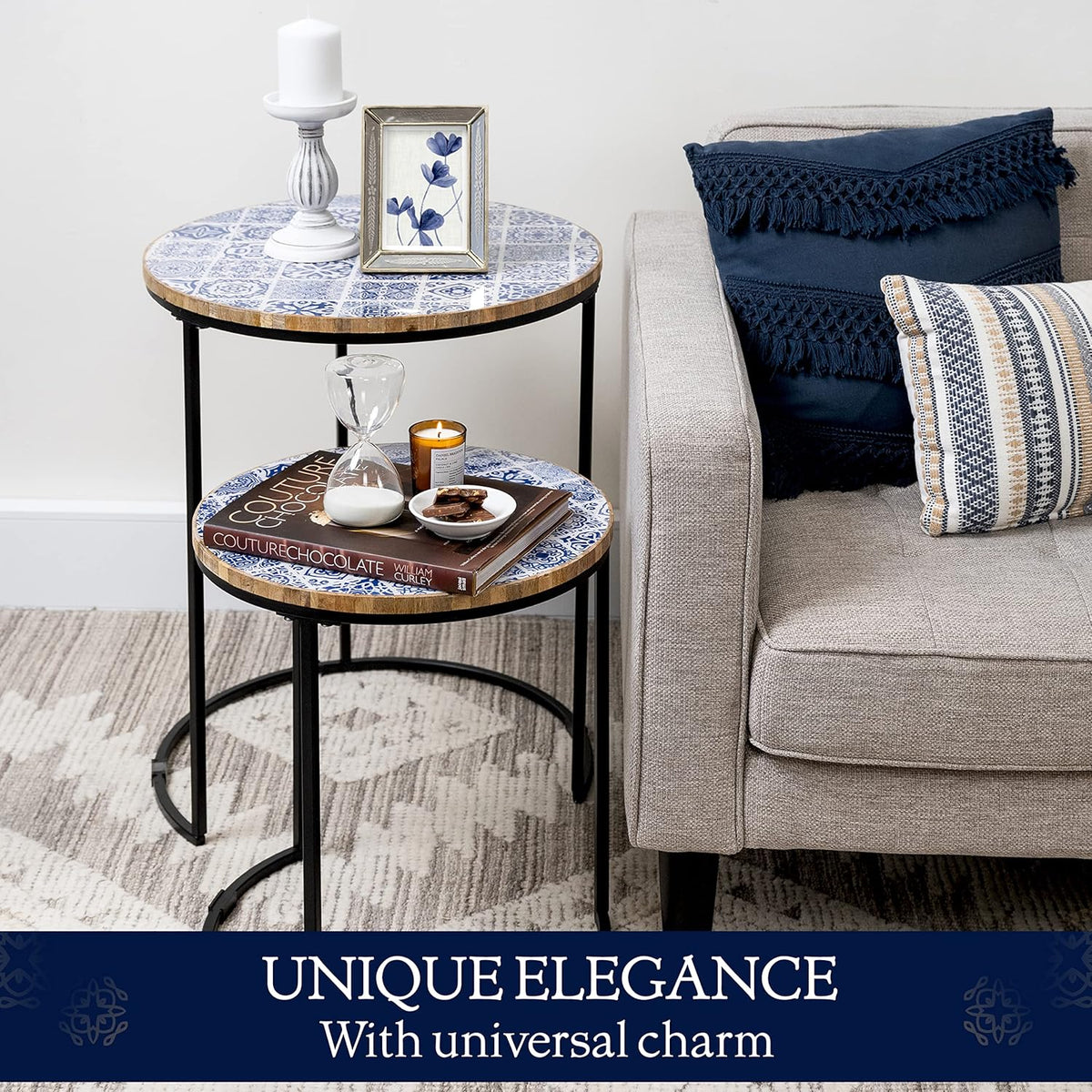 Set of 2 Blue and White Wooden Top Metal Frame Side Tables N9092