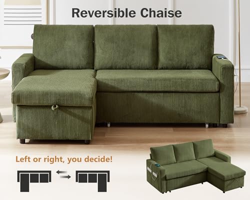 Corduroy Green L Shaped Sleeper Sofa with Pull Out Bed L836400