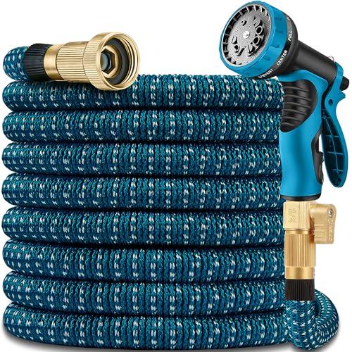 100 FT Expandable Garden Hose with 3/4" Solid Brass Fittings and 10 Pattern Spray Nozzle J9076