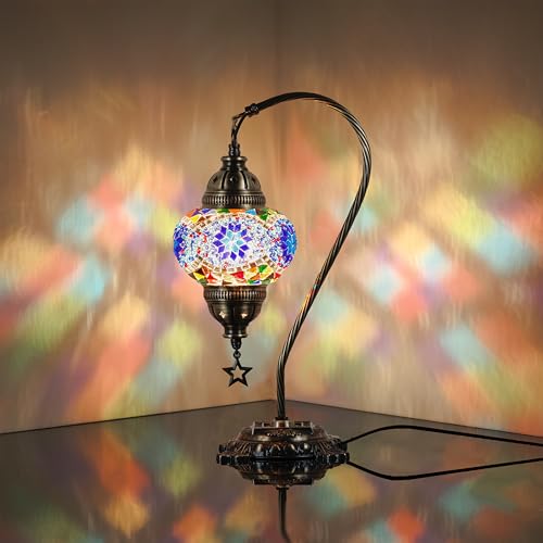Turkish Moroccan Mosaic Table Bedside Lamp, Antique Brass Color Metal, 15" Multicolored O32032