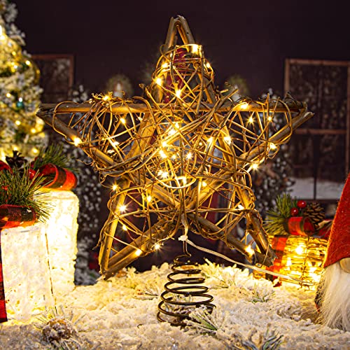 Rattan Natural Star Christmas Tree Topper with 50 Warm LED Lights D935717