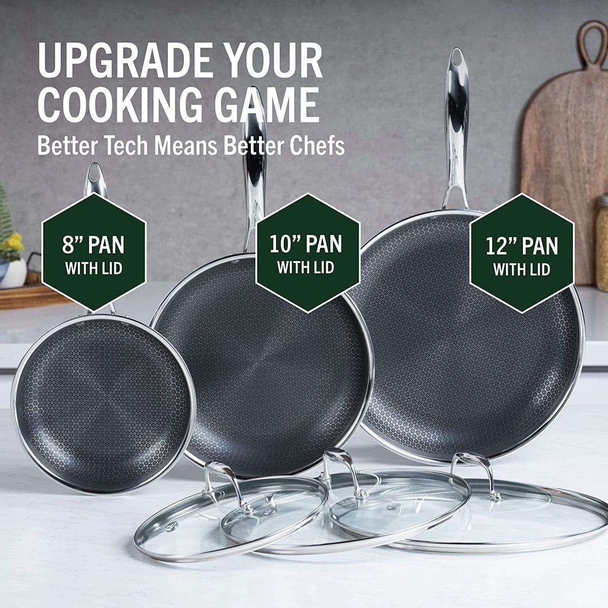 6 Piece Hybrid Stainless Steel Non-Stick Cookware Pan Set with Glass Lids D16800