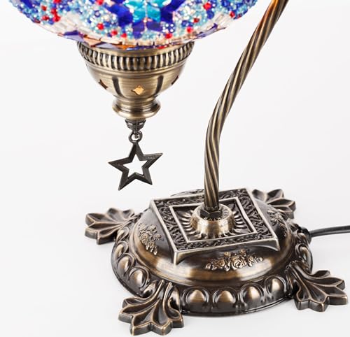 Turkish Moroccan Mosaic Table Bedside Lamp, Antique Brass Color Metal, 15" Multicolored O32032