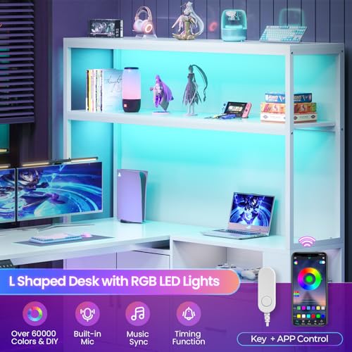 White L Shaped Standing Desk with Drawers & Hutch I543