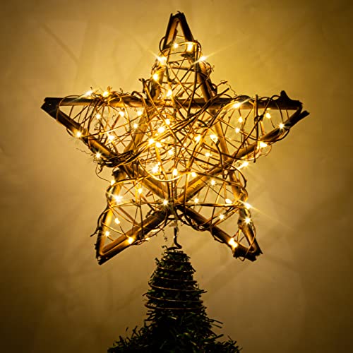 Rattan Natural Star Christmas Tree Topper with 50 Warm LED Lights D935717