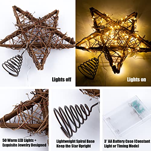 Rattan Natural Star Christmas Tree Topper with 50 Warm LED Lights D935717