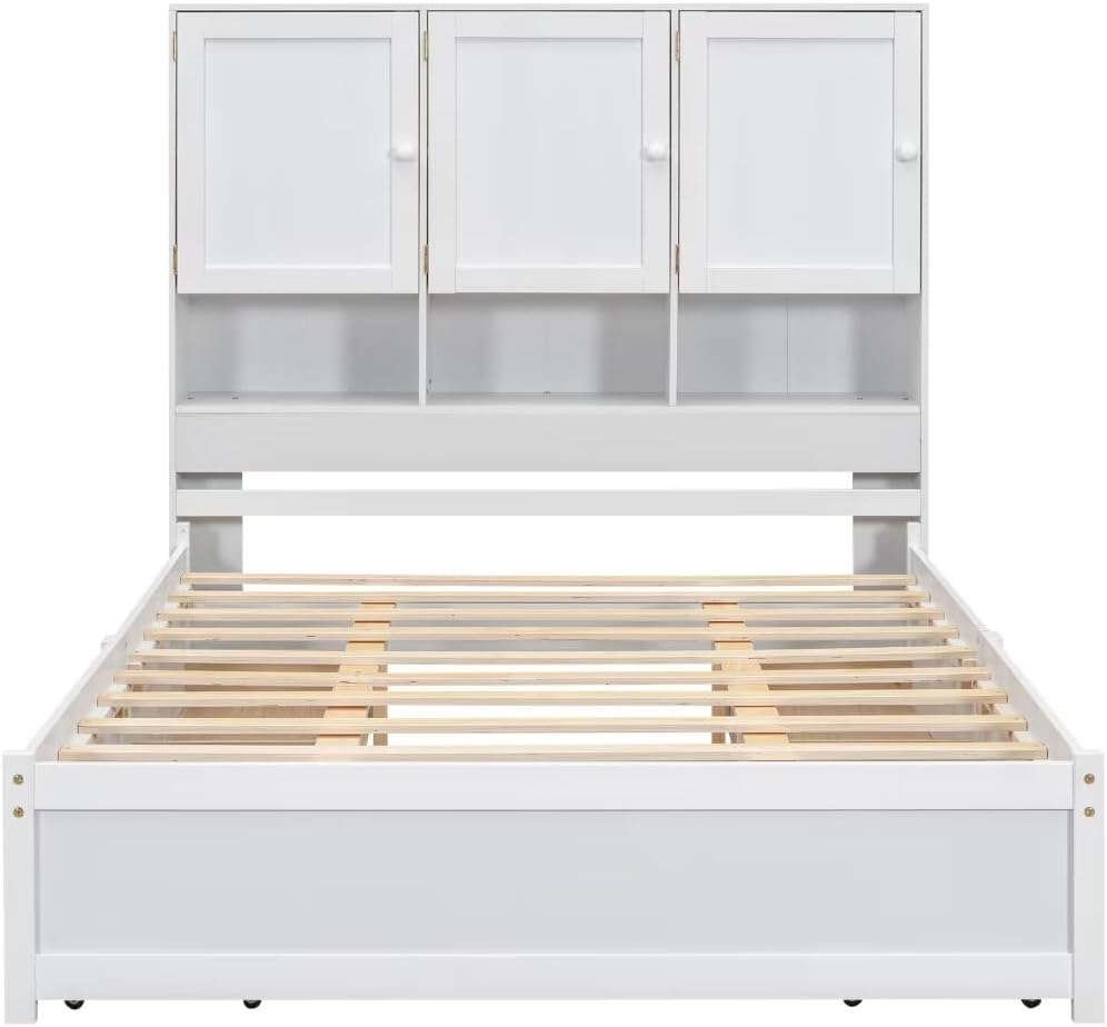Queen Size Platform Bed with 4 Storage Drawers & Bookcase Headboard, White Q3501