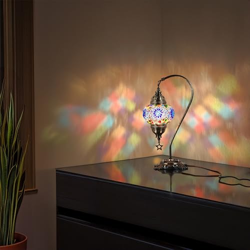Turkish Moroccan Mosaic Table Bedside Lamp, Antique Brass Color Metal, 15" Multicolored O32032