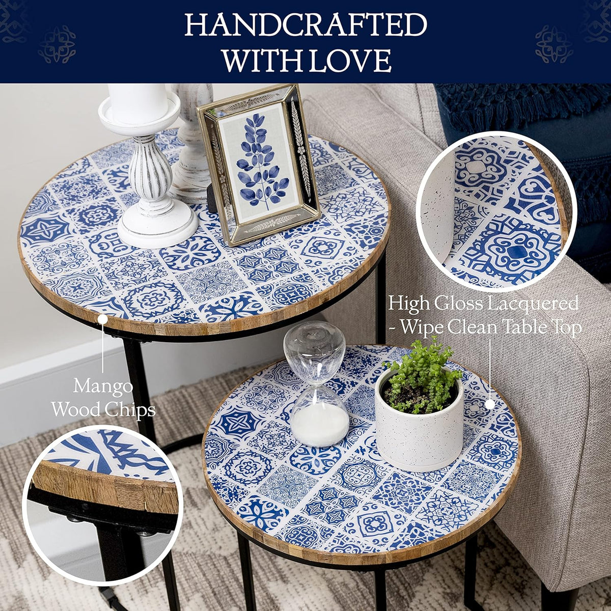 Set of 2 Blue and White Wooden Top Metal Frame Side Tables N9092