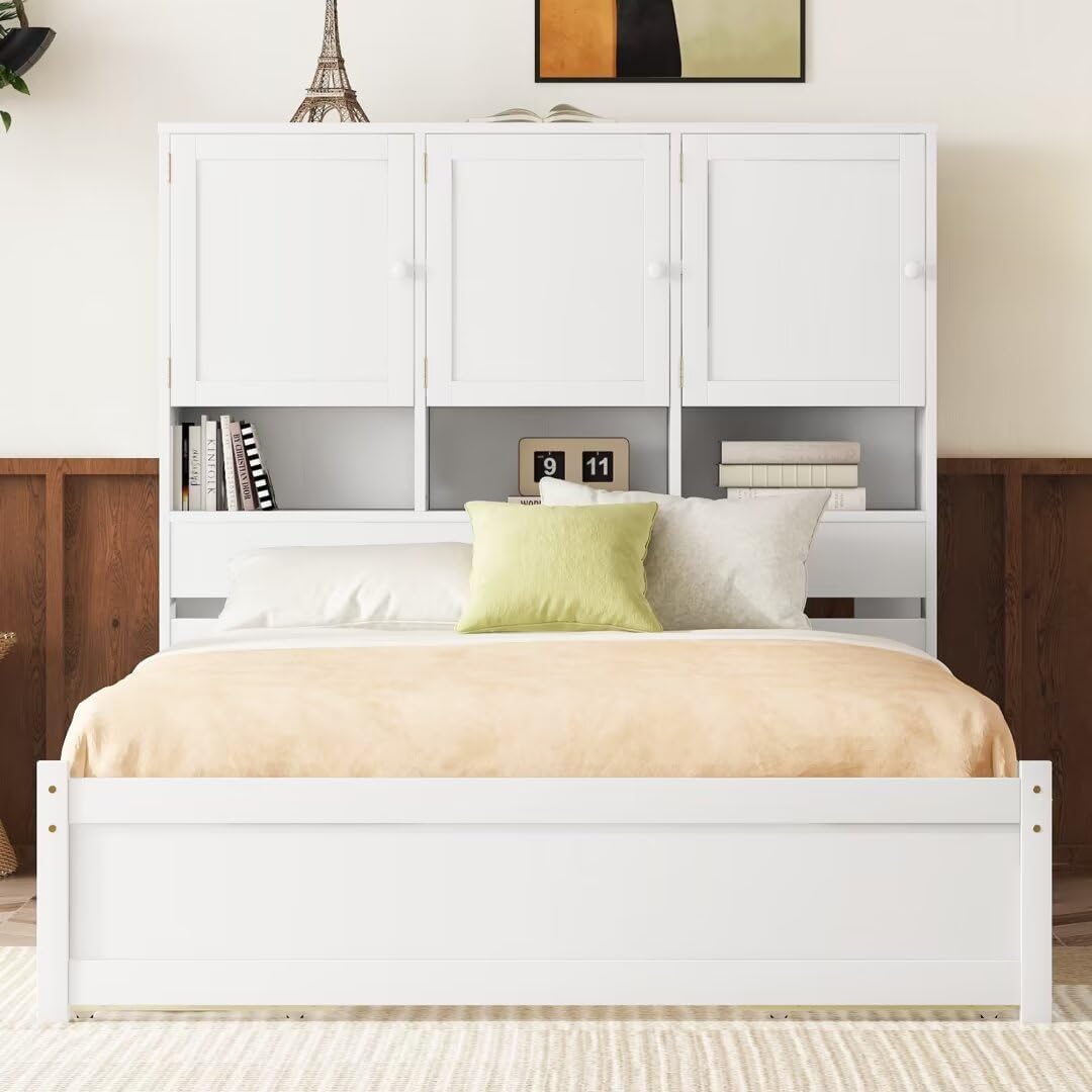 Queen Size Platform Bed with 4 Storage Drawers & Bookcase Headboard, White Q3501