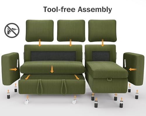Corduroy Green L Shaped Sleeper Sofa with Pull Out Bed L836400