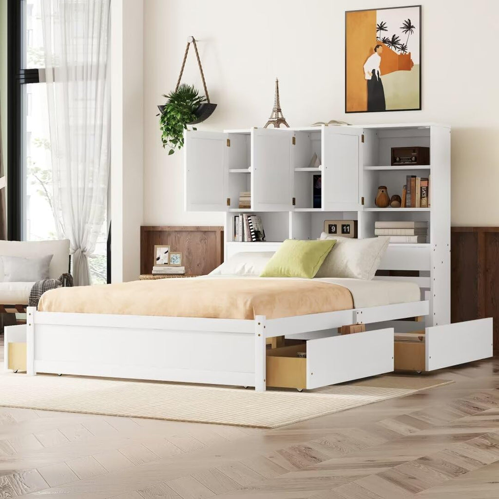 Queen Size Platform Bed with 4 Storage Drawers & Bookcase Headboard, White Q3501