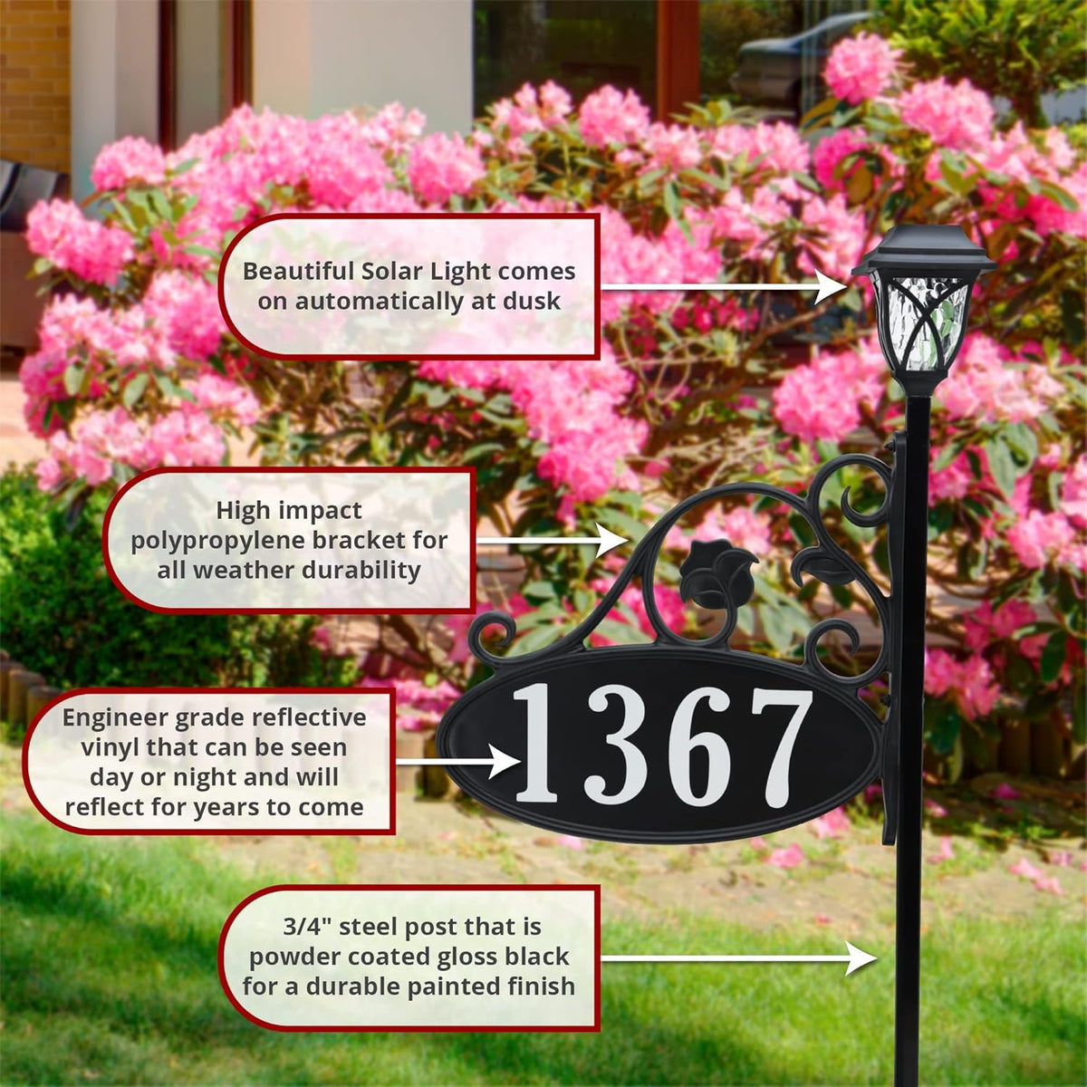 Handcrafted Double-Sided Reflective Home Address Sign with Solar Light C1799