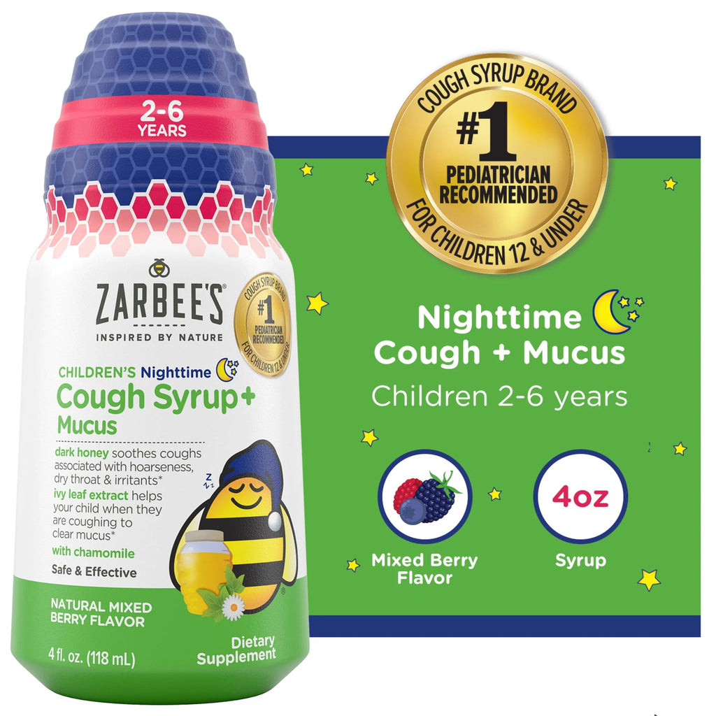 Kids Cough + Mucus Nighttime with Honey, Ivy Leaf, Zinc & Elderberry, Mixed Berry, 4FL Oz T411042