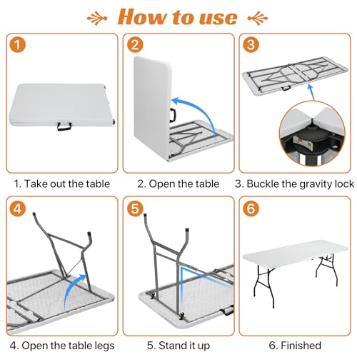 White 6 Foot Heavy Duty Plastic Folding Table H75273