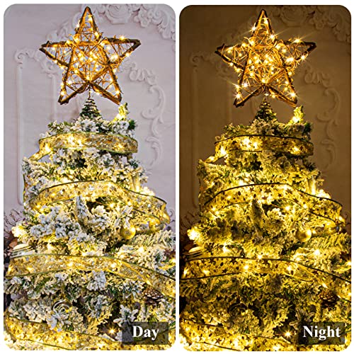 Rattan Natural Star Christmas Tree Topper with 50 Warm LED Lights D935717