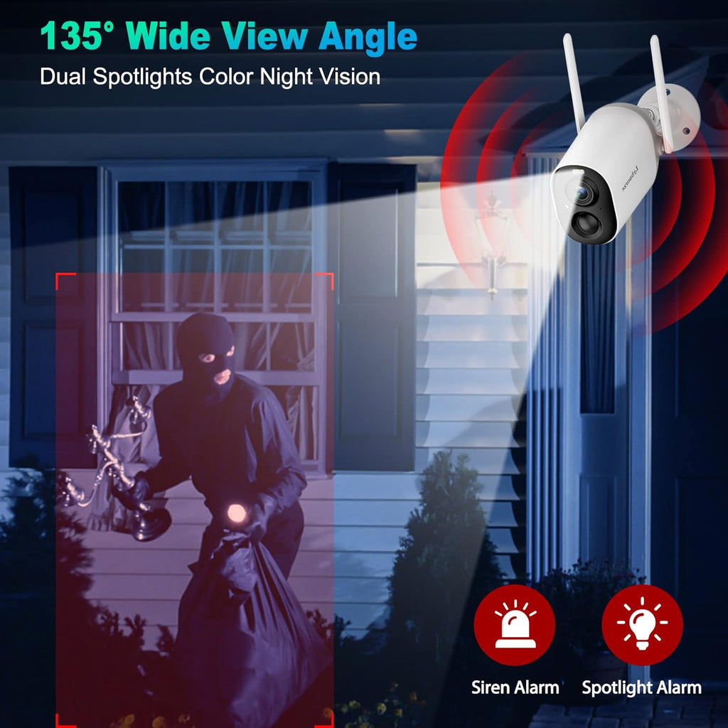Wireless Outdoor Security Cameras with Spotlights Siren Color Night Vision IP66 Waterproof Rechargeable Battery Q675