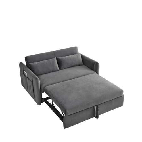 Blue Velvet Convertible Sleeper Sofa Bed with 2 Pillows W686