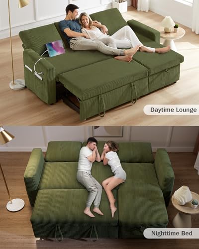 Corduroy Green L Shaped Sleeper Sofa with Pull Out Bed L836400