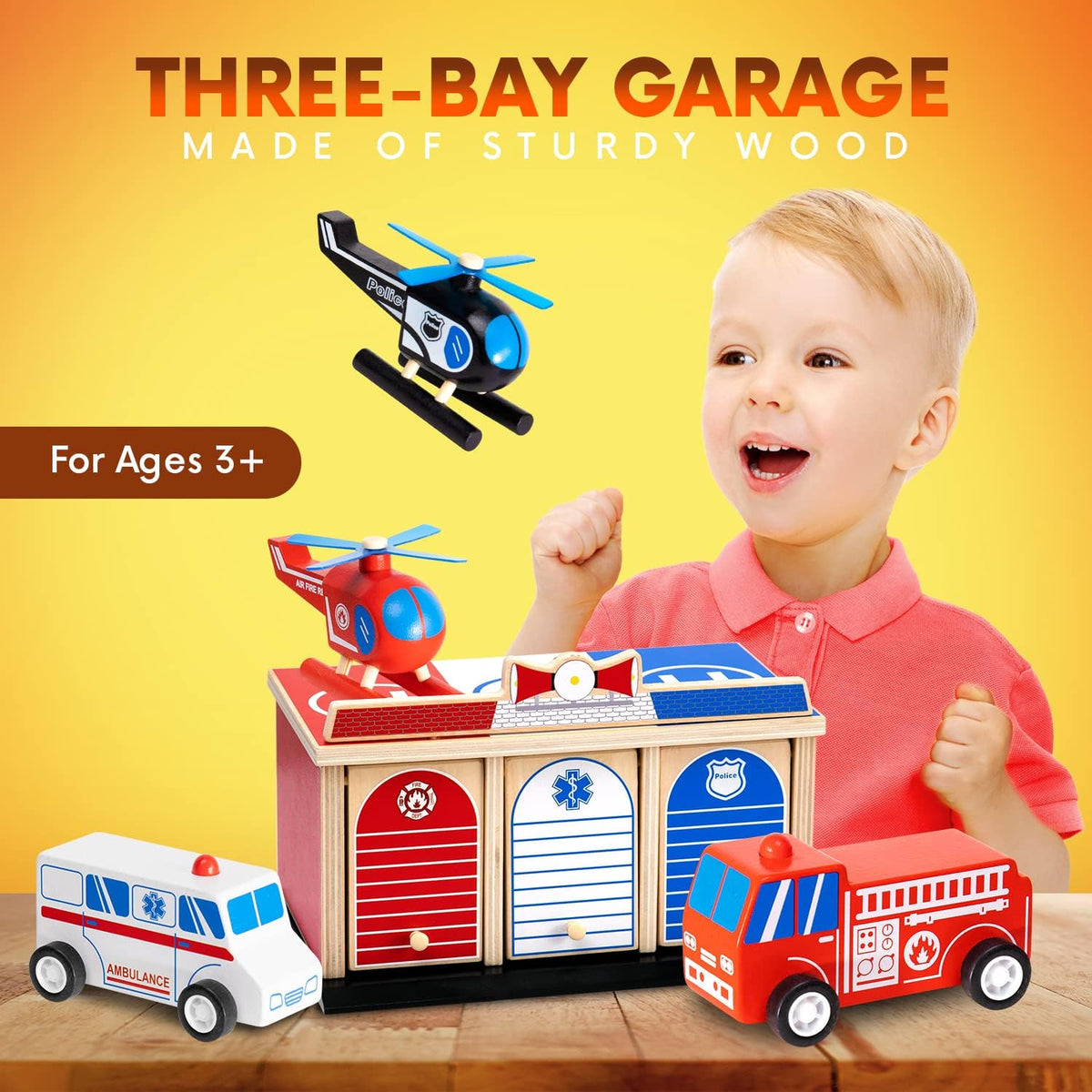 2-Level 3-Bay Parking Garage Toy Set with Fire Truck, Ambulance, Police Car, and 3 Rescue Helicopters P44319