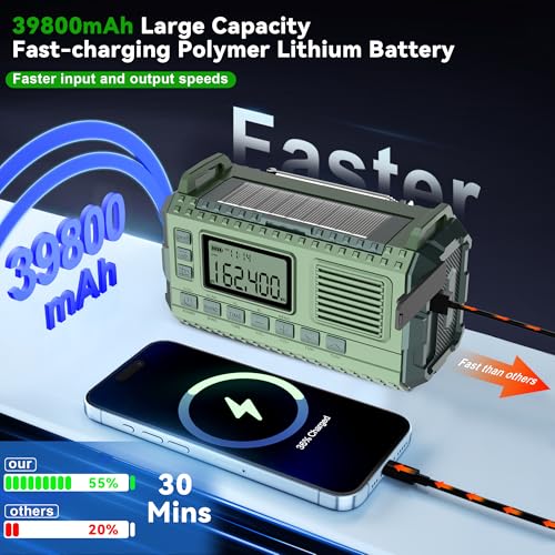 Green AM/FM/NOAA Hand Crank Radio with 15W Fast Charge, 39800mAh Portable Solar Power Bank, Flashlight & SOS Alarm B23770