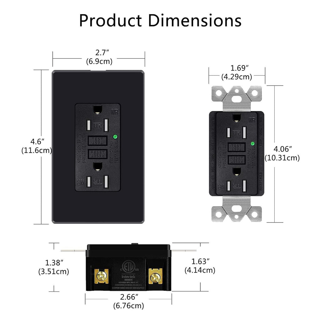 2 Pack 15Amp Tamper-Resistant Weather-Resistant GFCI Outlet Receptacles, Black J50721