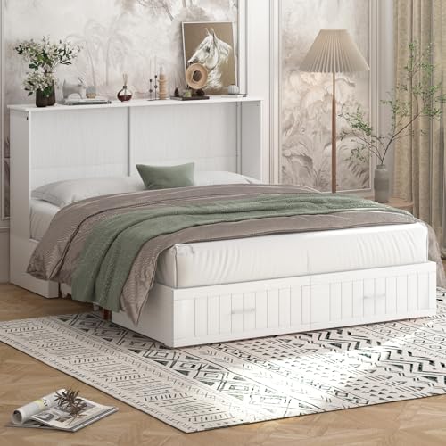 Stone Grey Queen Murphy Bed with Mattress and 2 Drawers W9516