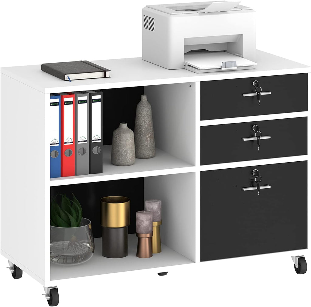 Wood 3 Drawer Mobile File Cabinet with 2 Open Shelves D1564