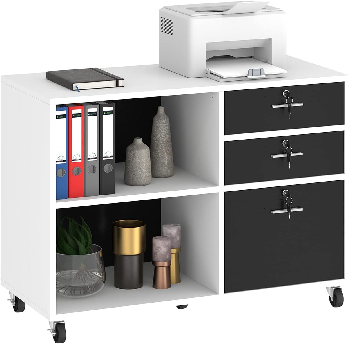 Wood 3 Drawer Mobile File Cabinet with 2 Open Shelves D1564