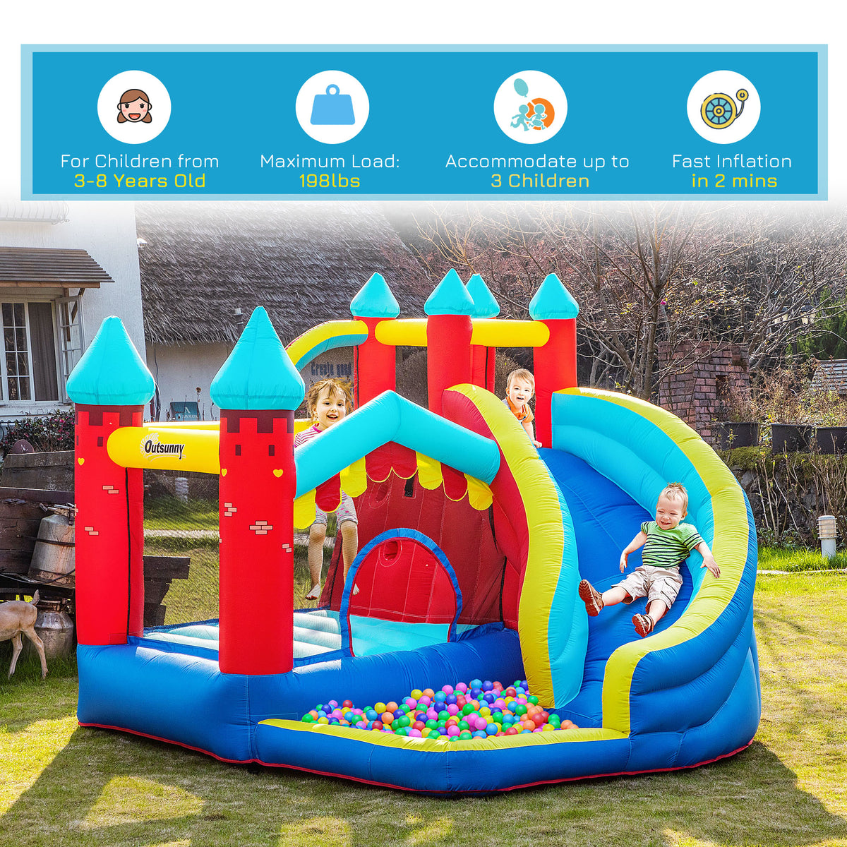 4 in 1 Inflatable Bounce House with Slide, Climbing Wall, and Pool or Ball Pit Z108372