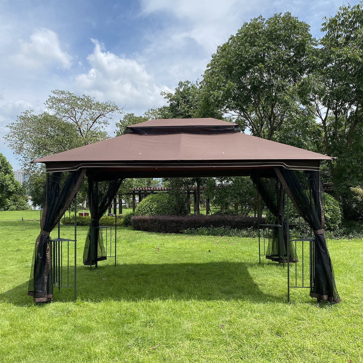 Brown Top Outdoor Patio Gazebo Canopy Tent With Ventilated Double Roof And Mosquito Net Q46582