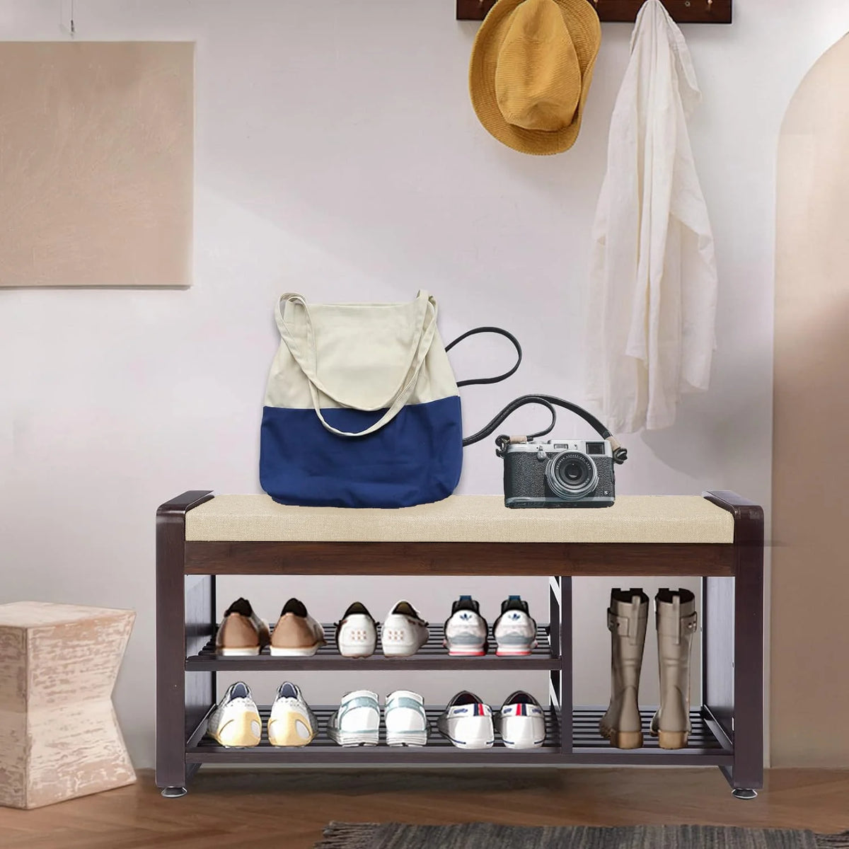 Bamboo Shoe Bench with Cushion and Side Hooks J910210