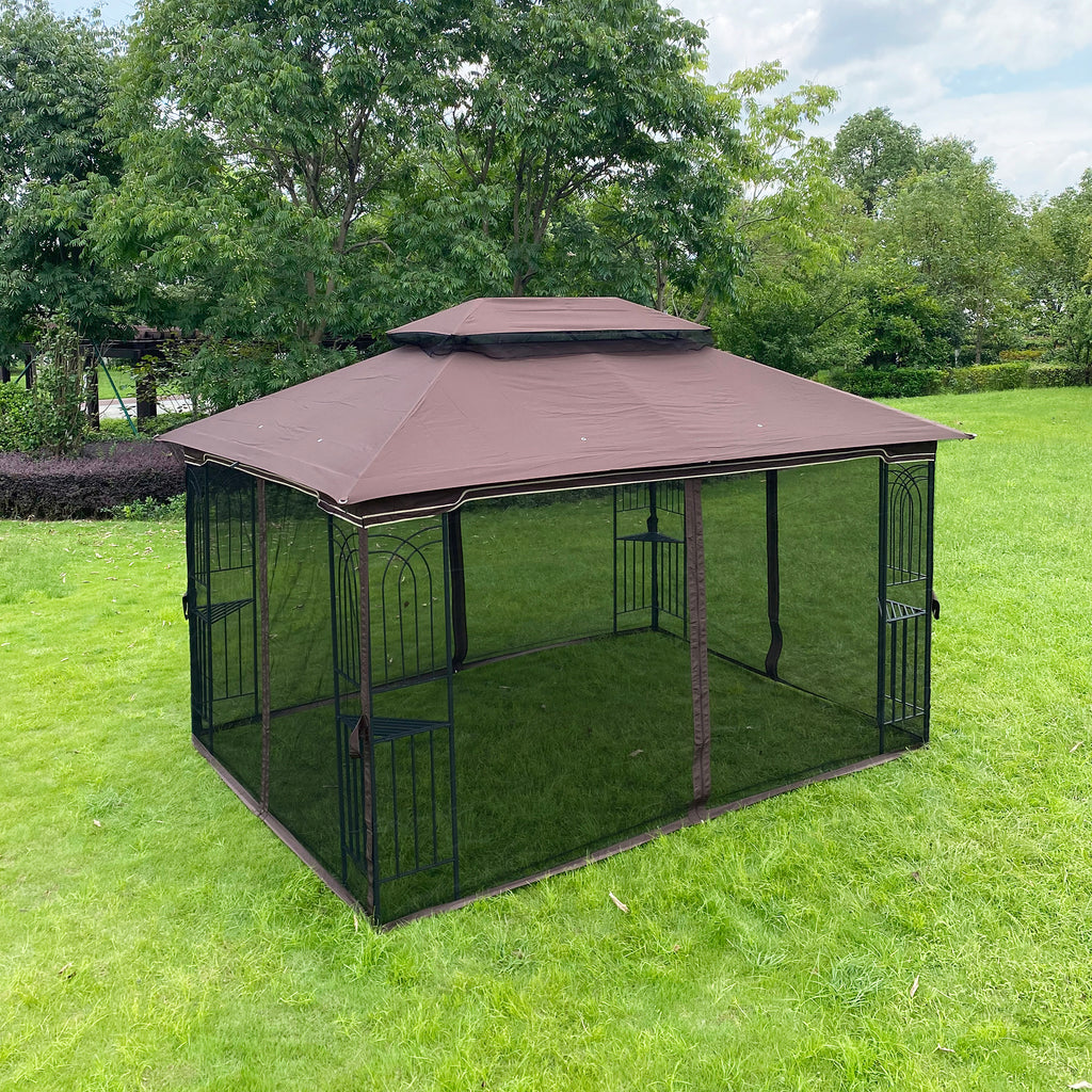 Brown Top Outdoor Patio Gazebo Canopy Tent With Ventilated Double Roof And Mosquito Net Q46582