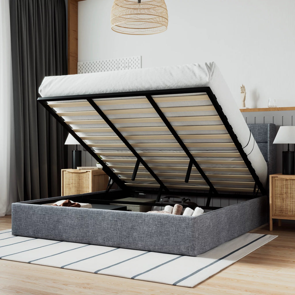 Beige Queen Size Lift Up Platform Bed Frame with Headboard M408145