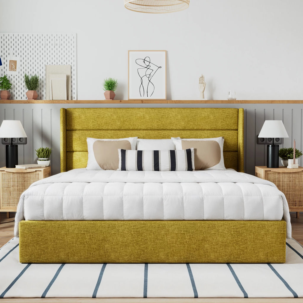 Beige Queen Size Lift Up Platform Bed Frame with Headboard M408145