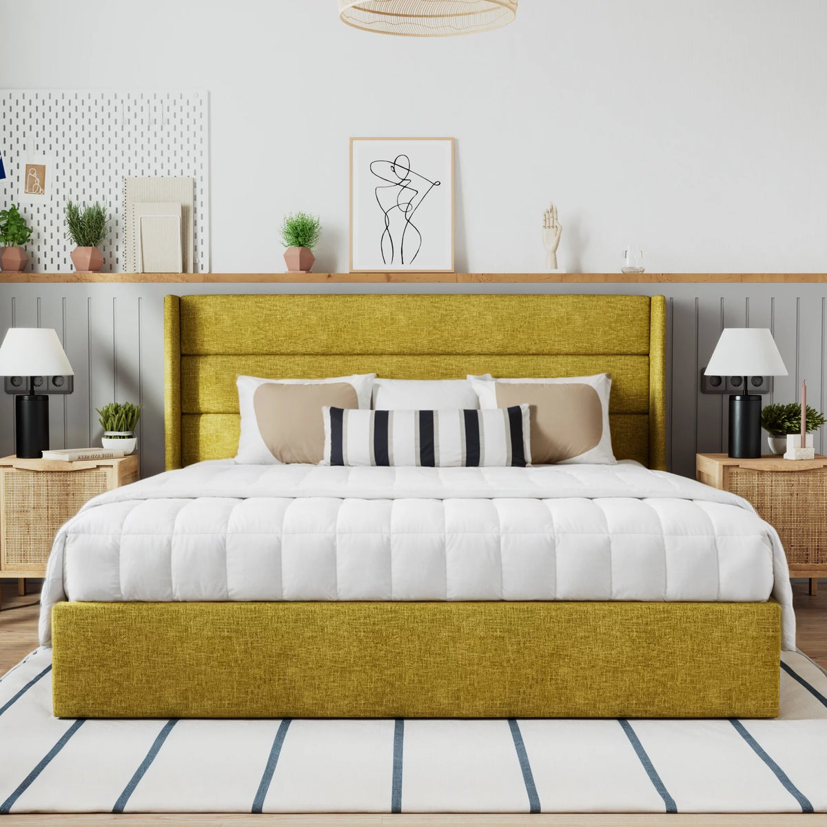 Beige Queen Size Lift Up Platform Bed Frame with Headboard M408145