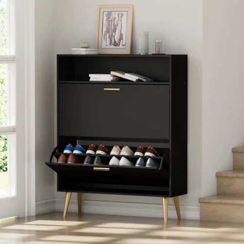 Black Narrow Shoe Cabinet with 2 Flip Drawers U603501