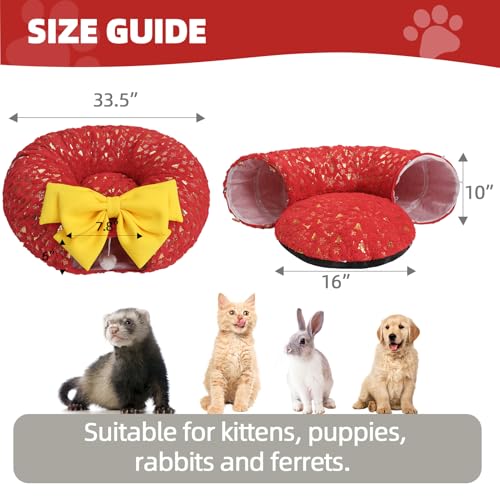 Christmas Cat Tunnel with Bowtie, Washable Circle Cushion and Plush Ball Toy, Red H416