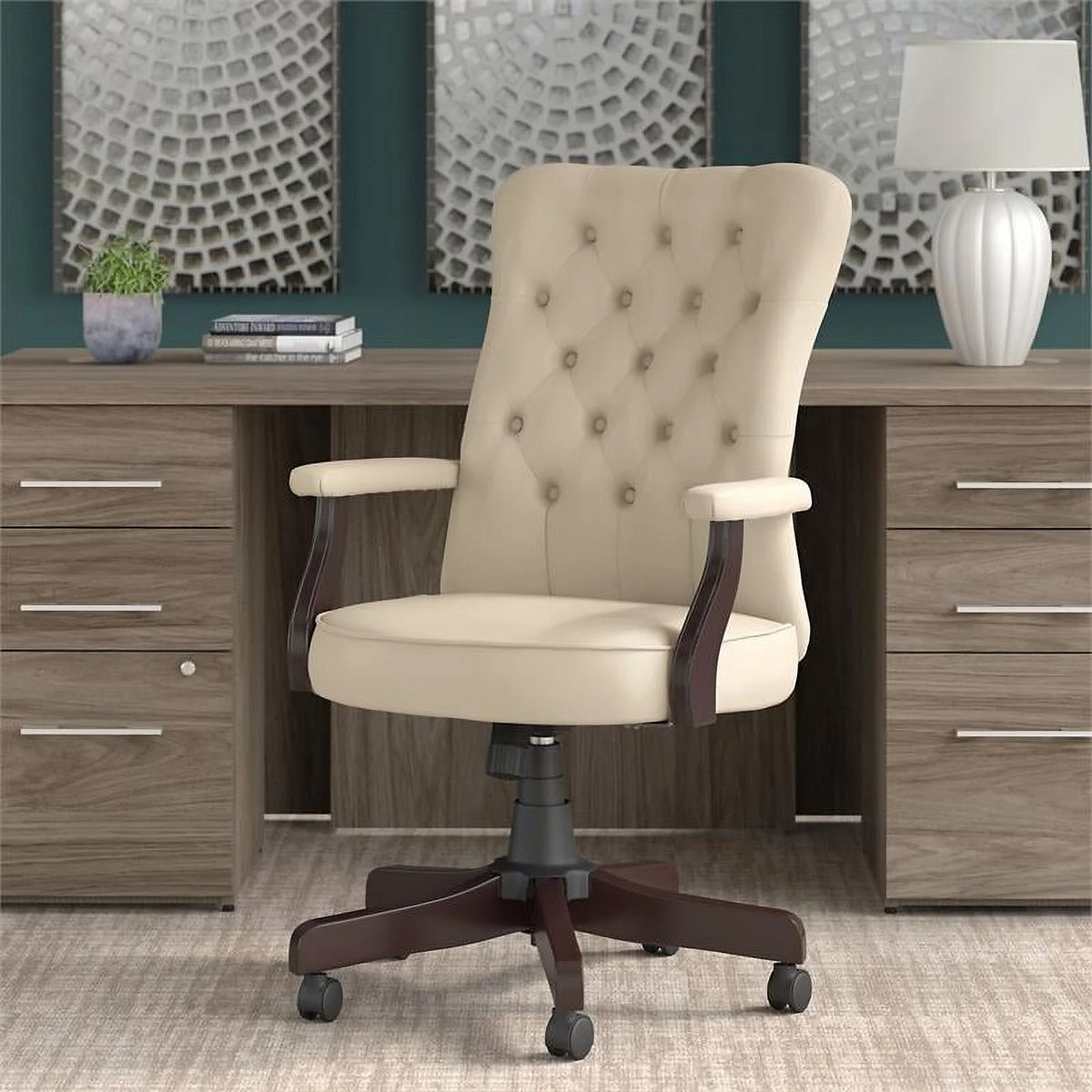 Antique White Faux Leather Office Chair with Arms N9859
