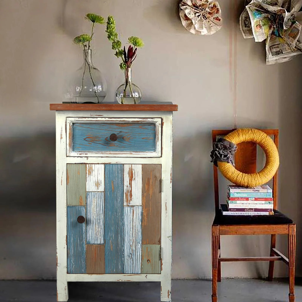 Rustic Multi-Color Wood 1-Drawer 1-Door End Table Y195324