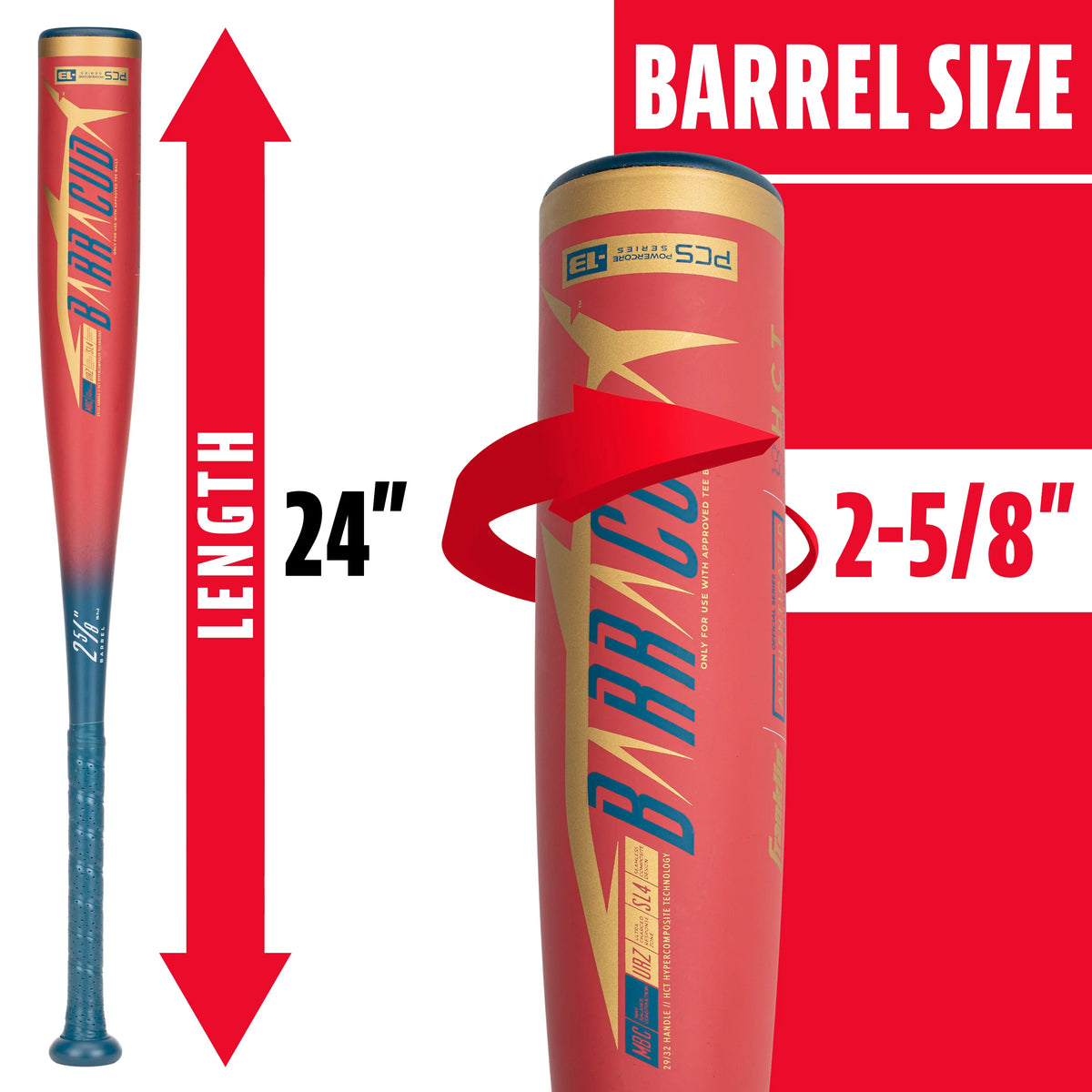 Kids Baseball Teeball Bat - 24 Inches 11oz - 2 5/8 Inch Barrel - Red Q3529