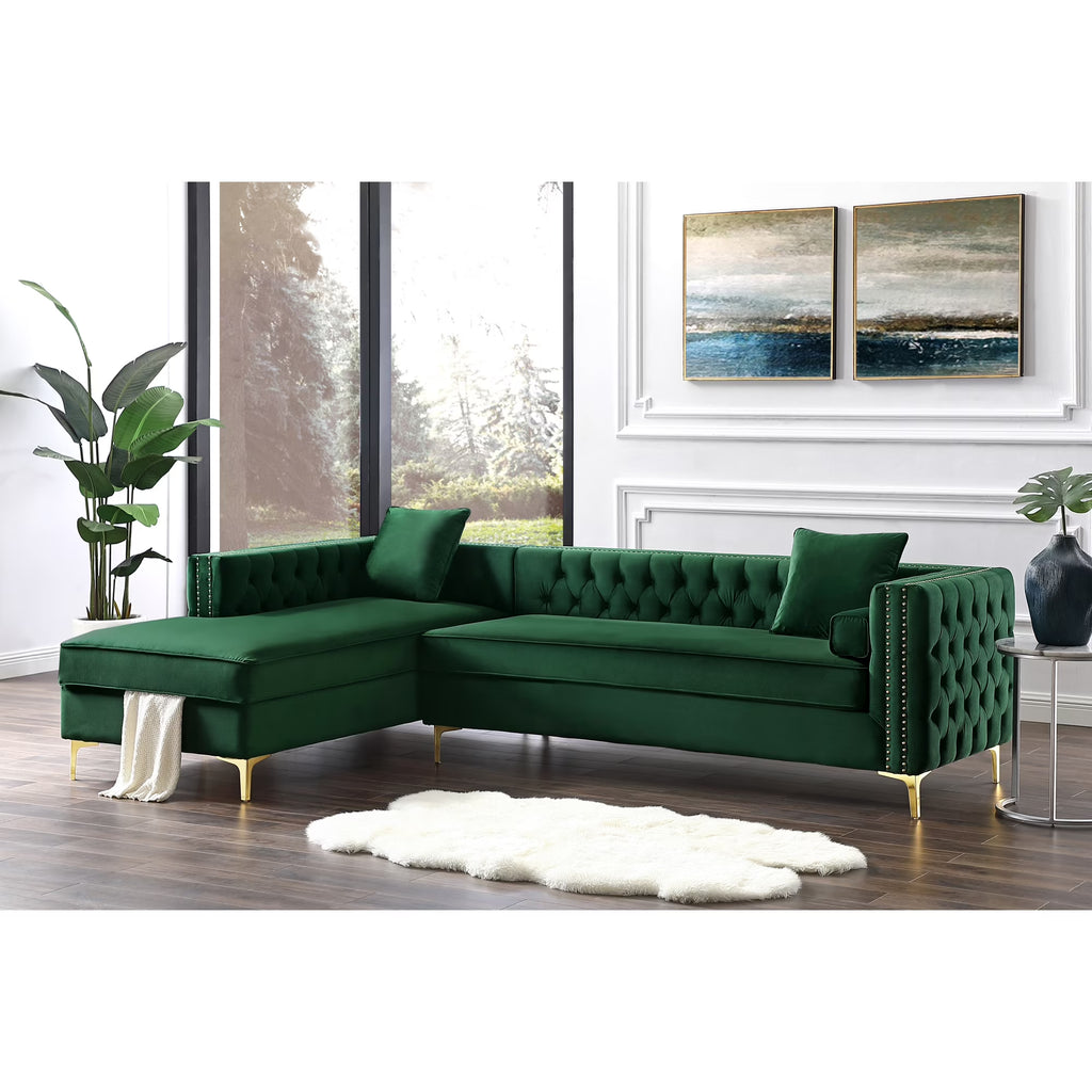 Hunter Green Velvet Chaise Sectional Sofa with Gold Nailhead Trim F8367