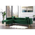 Hunter Green Velvet Chaise Sectional Sofa with Gold Nailhead Trim F8367