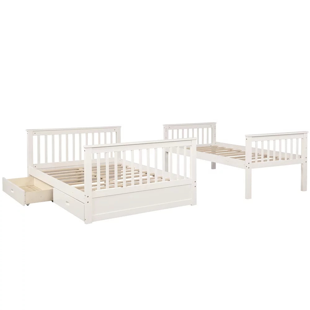 White Pine Wood Twin Over Full Bunk Bed with Two Storage Drawers Q842
