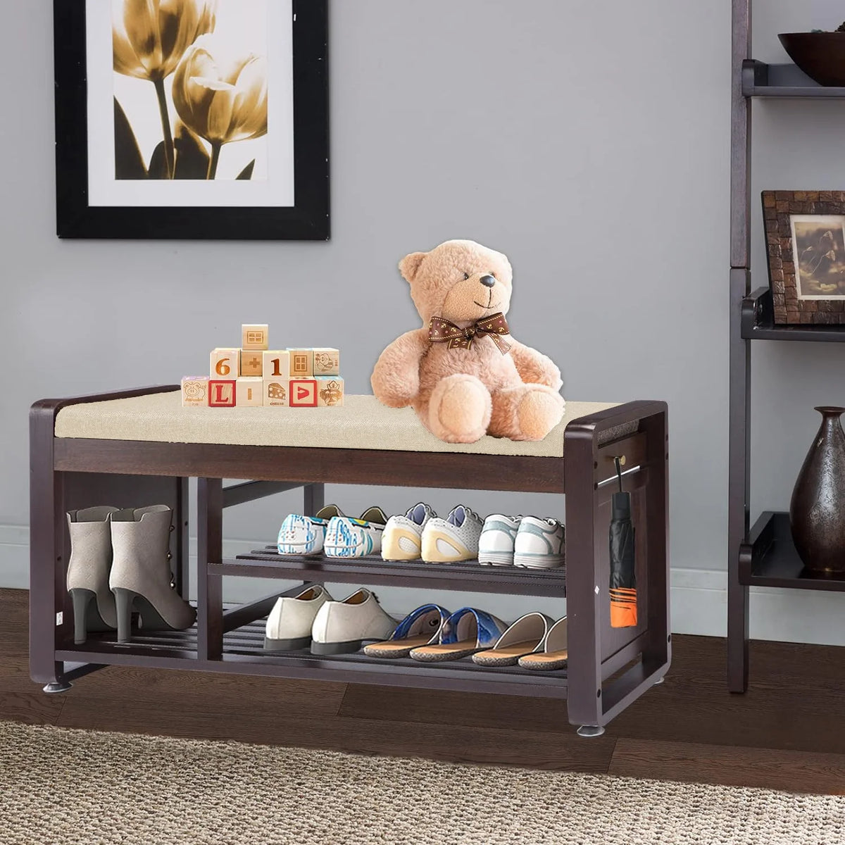 Bamboo Shoe Bench with Cushion and Side Hooks J910210
