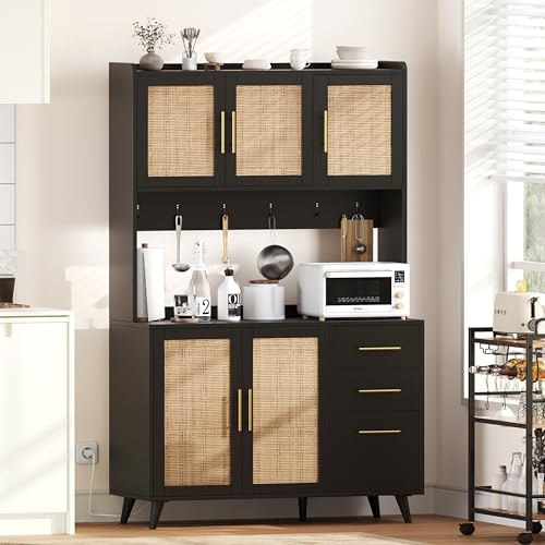 70.9" Rattan Kitchen Pantry Cabinet with Microwave Shelf H978878