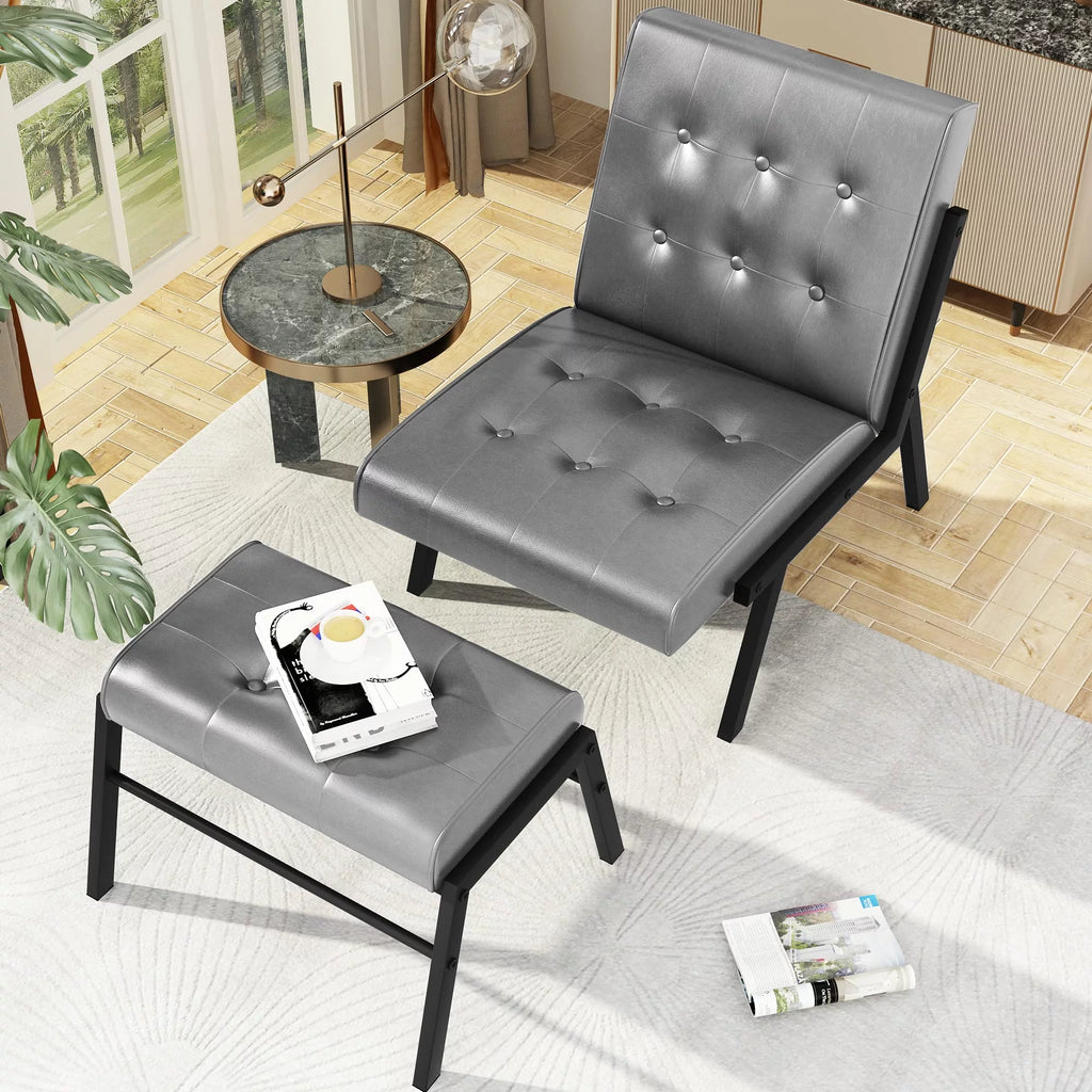 Grey Leather Accent Chair with Ottoman I4524