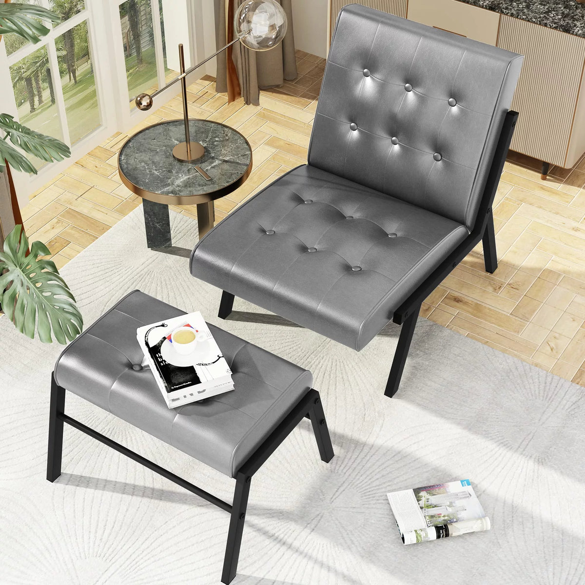 Grey Leather Accent Chair with Ottoman I4524