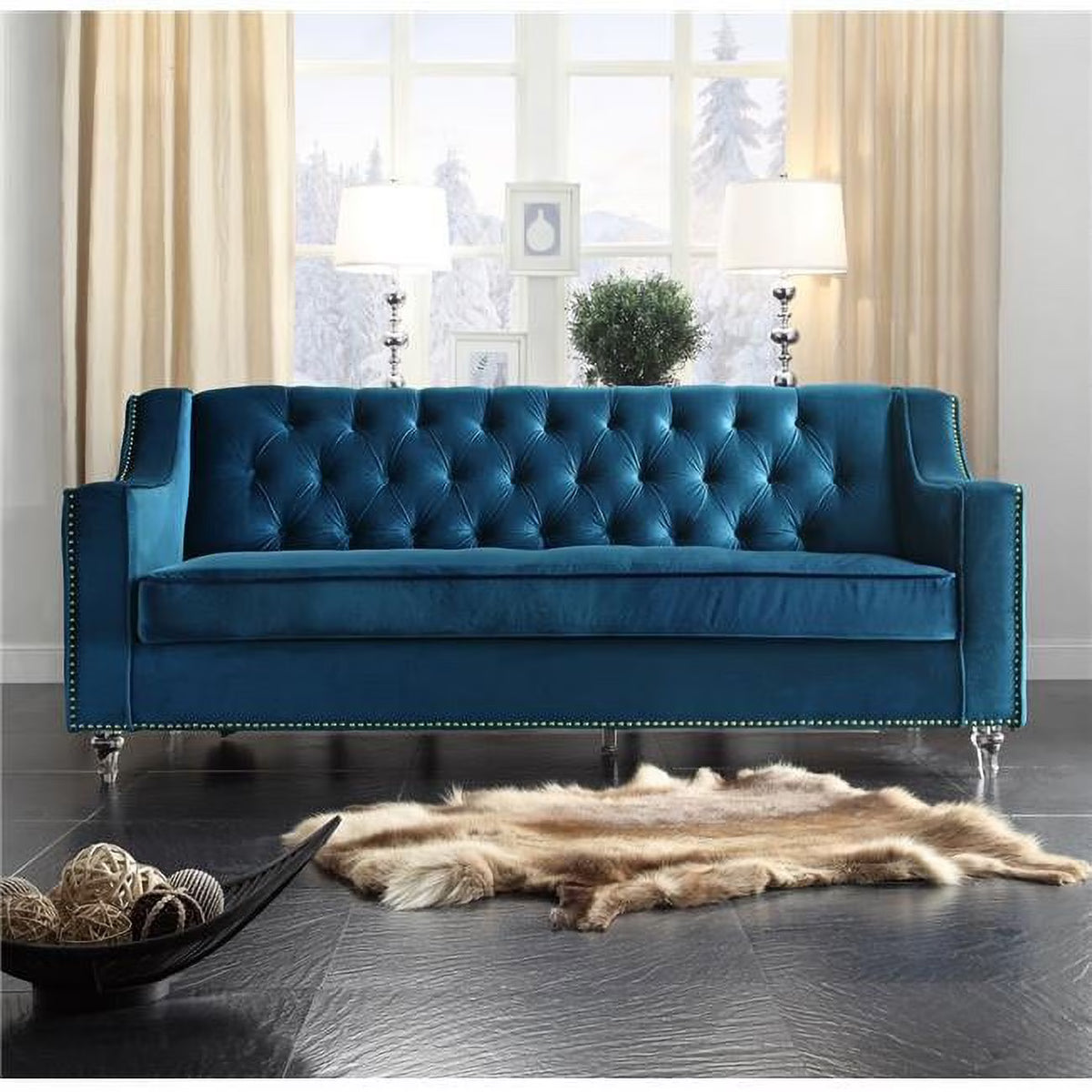 Navy Blue Velvet Button Tufted Sofa X609